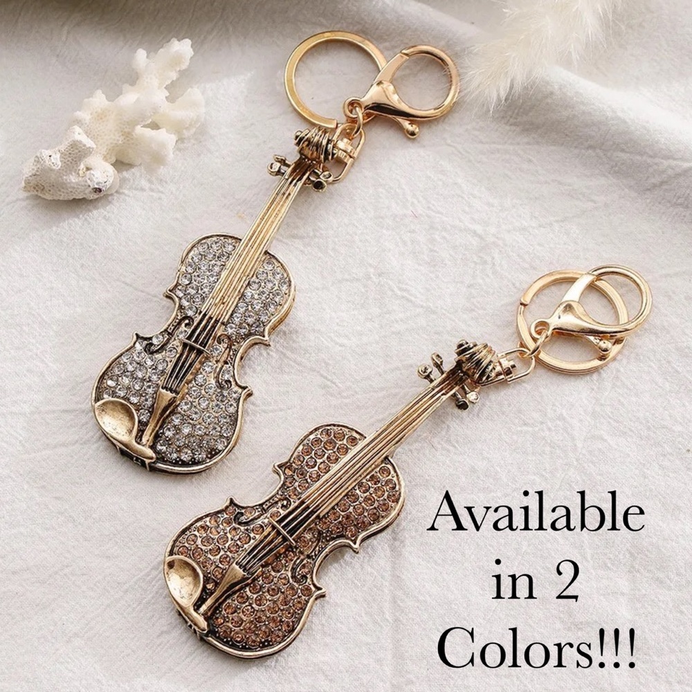 Beautiful Antiqued Gold and Crystal Viola Keychain Charm - Picture 12 of 13